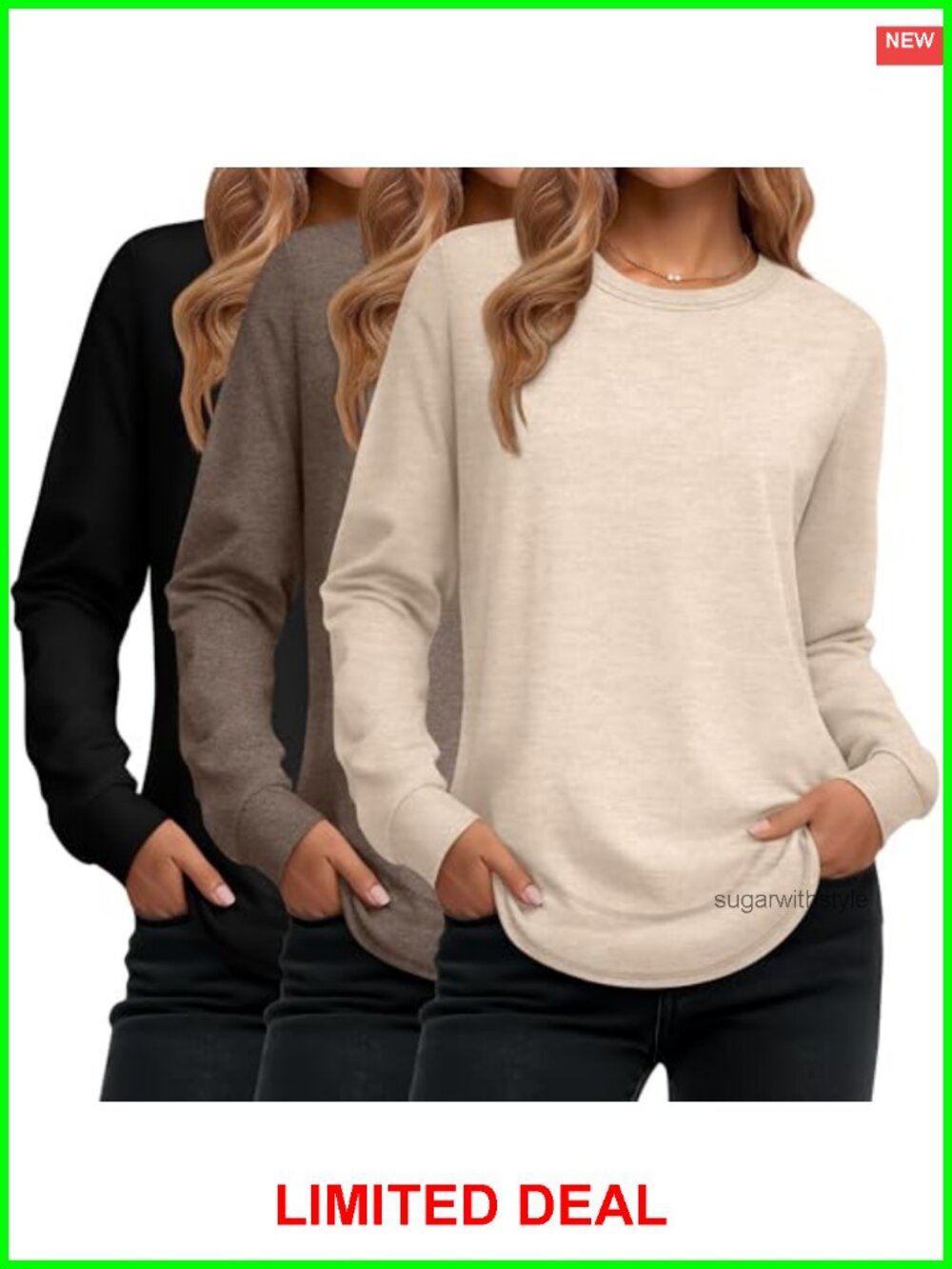 3 Pack Womens Long Sleeve Crewneck Sweatshirts Cotton Blend Loose Fit Tunic